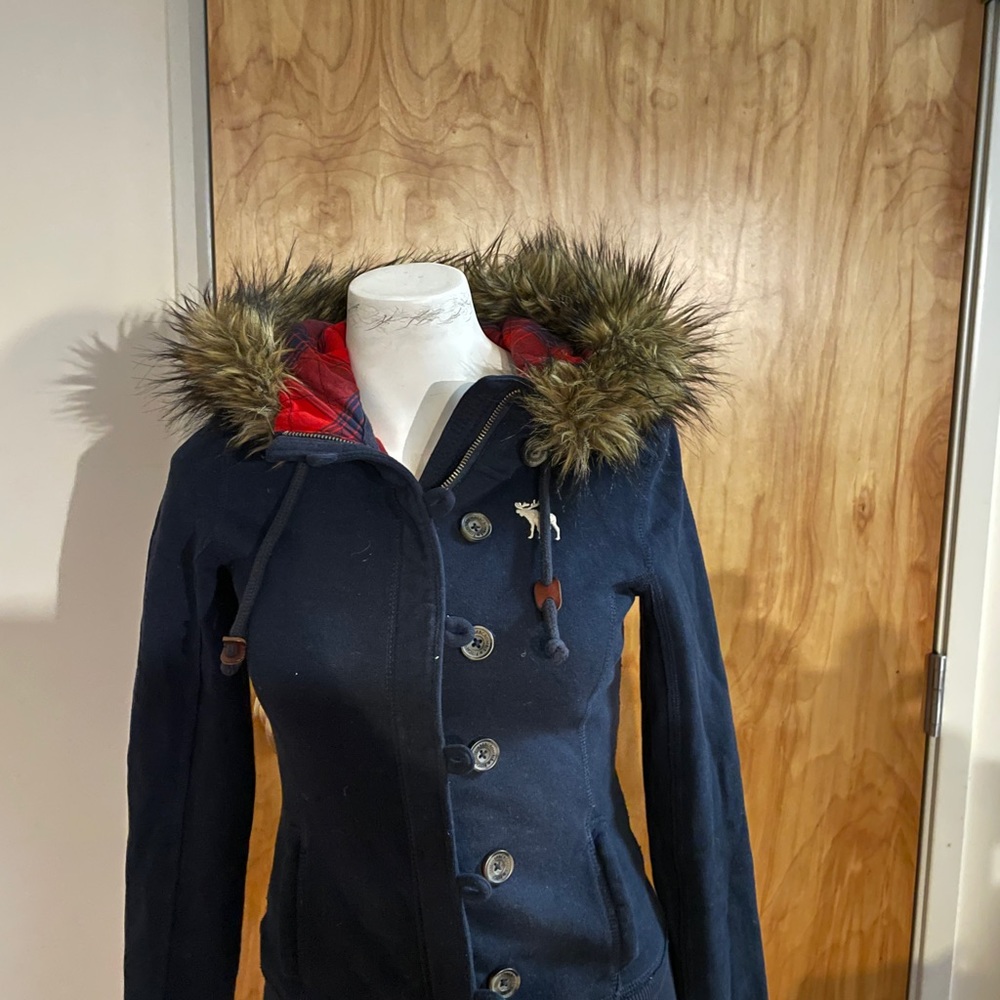 Abercrombie & Fitch button up Faux Fur hoodie jacket Navy Sz Xs
